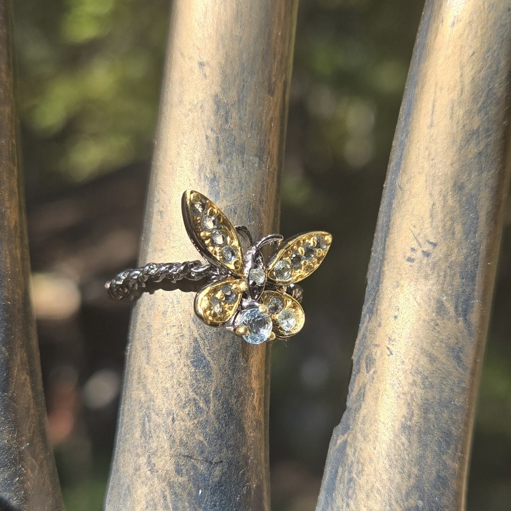 Blue Topaz Natural Gemstone Sterling Rhodium & Gold Butterfly Ring Sz7 - Picture 5 of 10